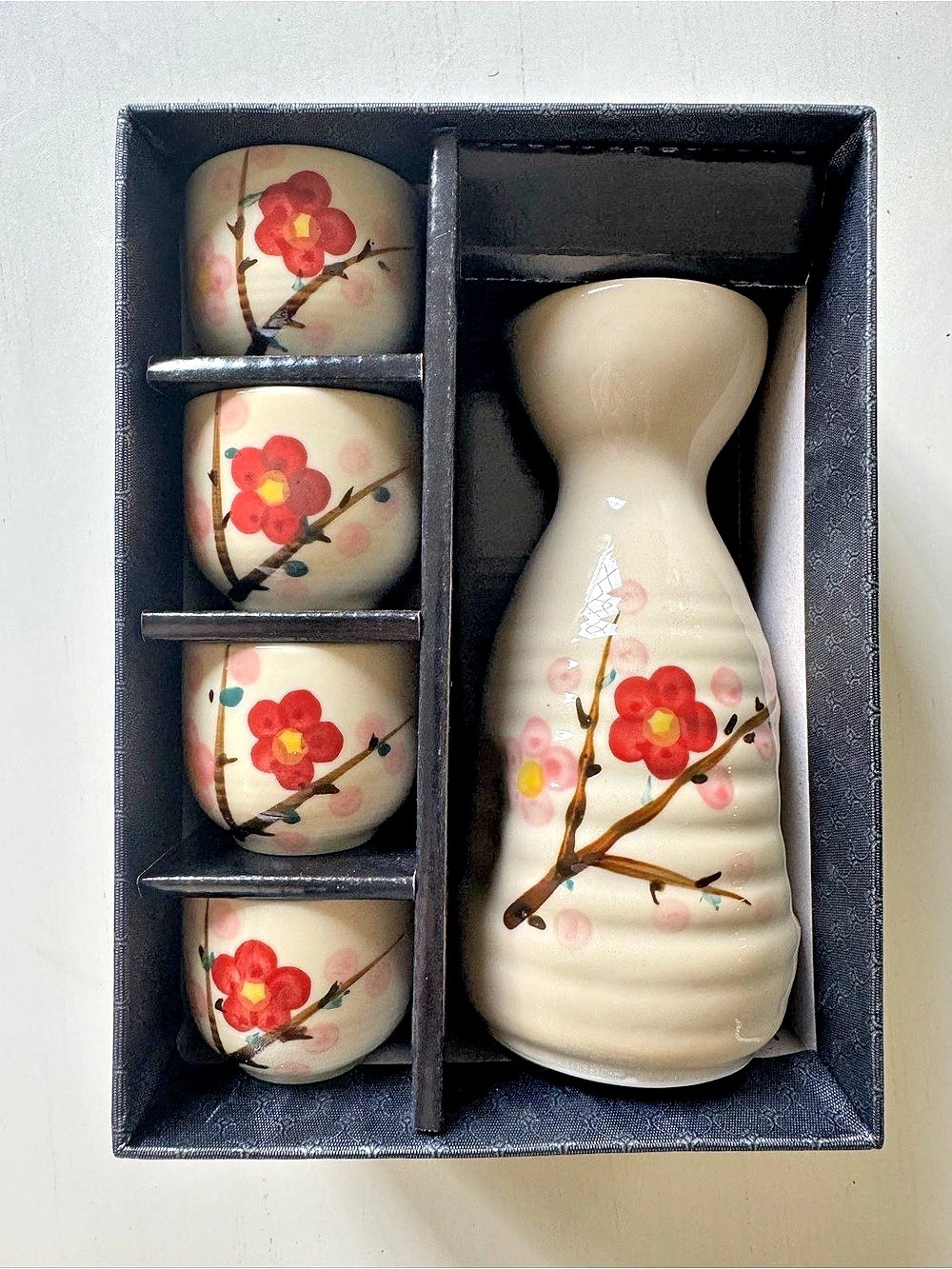 Japanese Style Ceramic Sake Set - 5-Piece Boxed Set (Plum Blossom) By Koto